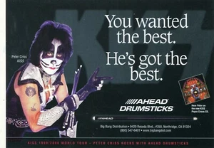 1999 small Print Ad of Ahead Drumsticks w Peter Criss of KISS Psyco Circus Tour - Picture 1 of 2