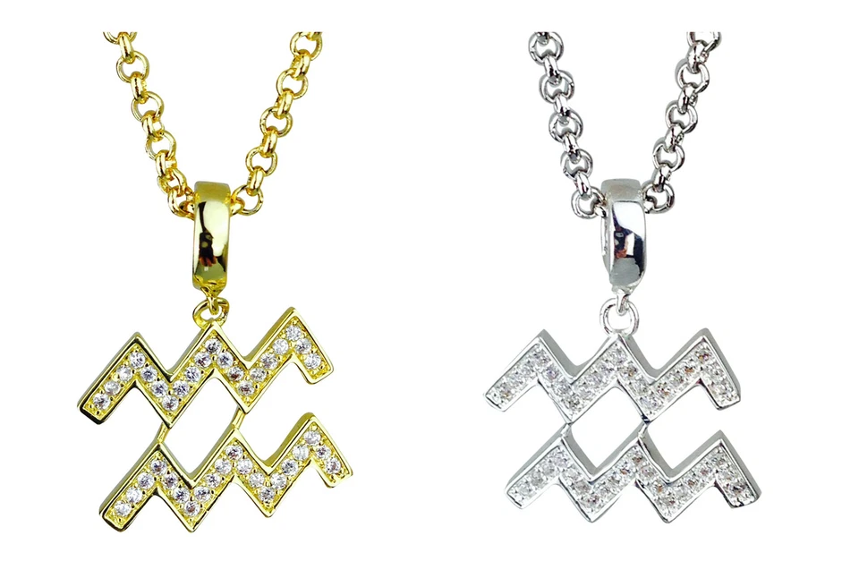 Acquario Zodiaco Simbolo Placcati Oro O Argento Ciondolo - Oroscopo Stella - Immagine 1 di 1