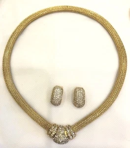 VINTAGE CHRISTIAN DIOR MESH CRYSTAL NECKLACE AND EARRING SET - Picture 1 of 4