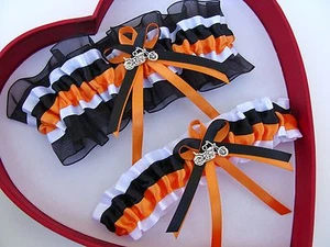 Orange Black White Harley Motorcycle Bike Wedding Garters - Picture 1 of 2