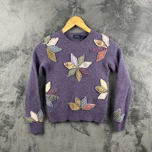 Ralph Lauren Womens Jumper Small Merino Wool Sweater Applique Patch Floral Petal - Picture 1 of 15