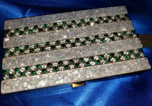 VINTAGE MOTHER OF PEARL ROWS OF EMERALD GREEN & CLEAR RHINESTONES  LUCITE PURSE - Picture 1 of 10