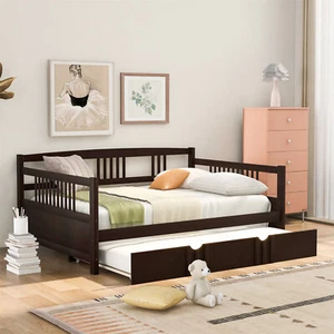 Full Size Daybed Wood Bed Frame Sofa Bed with Trundle Bed White/Gray/Espresso - Picture 1 of 51
