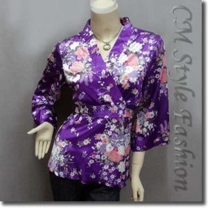 Japanese Kimono Floral Silky Satin Blouse Top Purple 2XL - Picture 1 of 5