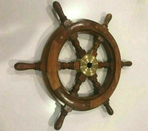 18" Brass Collectible Maritime Nautical Boat Wood Ship Wheel Steering Wall Decor - Foto 1 di 4