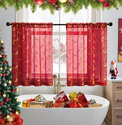  Christmas Kitchen Curtains 36 Inch Length for 25"W x 36"L (Pack of 2) Red - Image 1 of 4