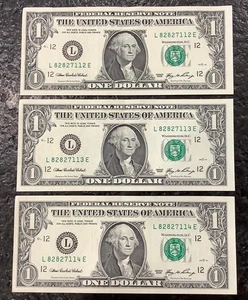(3) 2006-L $1 Dollar Bills Consecutive Serial L82827112E L82827113E L82827114E - Picture 1 of 3