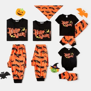 Halloween Schlafanzug Kinder Familie passend Buchstaben & Fledermaus Print Kurzarm Pyjama S - Bild 1 von 12