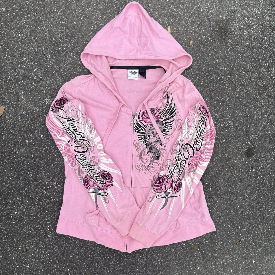 Women’s Full Zip Up Pink Y2k Affliction Angel Wings Harley Davidson Sweater 2XL - Image 1 of 4