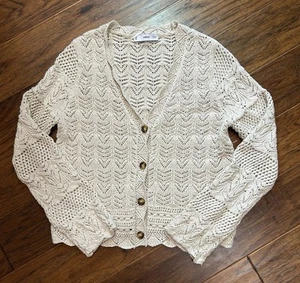 MNG Mango Crochet Open Work Knit Cardigan Size Medium Natural Beige - Picture 1 of 8