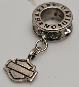 Harley-Davidson Charm Bead Sterling Silver 925 Crystal Dangle Bar & Shield Logo - Picture 1 of 6