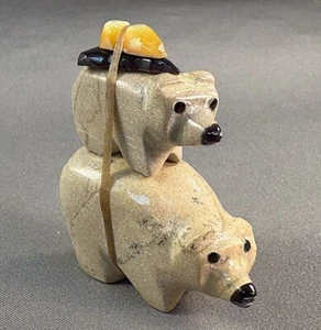 Carved Zuni Stone Double Bear Fetish w/Turquoise Eyes & Offering, Enrike Leekya - Picture 1 of 5