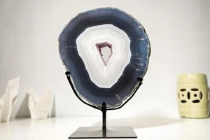 Dark Blue & White Lace Agate Geode Slice – Striped Laces and Purple Druzy 12 Lb. - Picture 1 of 10