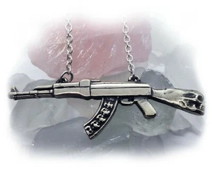 Skull Head Machine Gun with Skull Bullets Sterling Silver Necklace - Picture 1 of 2