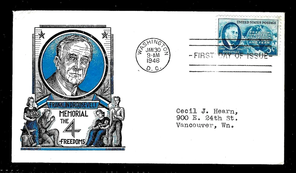 933 5c Stamp (1946) FRANKLIN D. ROOSEVELT (FDR) FDC FROM STAEHLE & CACHET CRAFT - Image 1 of 1