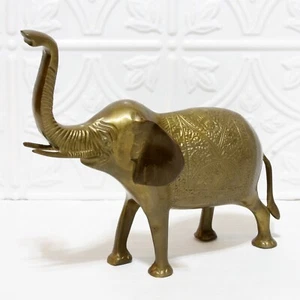 Vintage Brass Metal Elephant Statue Sculpture Detailed Trunk Up MCM 9" Tall - Picture 1 of 7