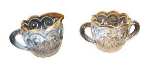 Vintage U.S. Glass Depression Sugar and Creamer Manhattan Bulls Eye Gold Trim - Picture 1 of 14