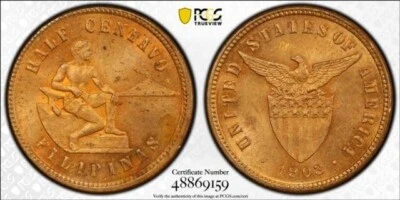 1903 PHILIPPINES FILIPINAS HALF CENTAVO COIN ~ ENCAPSULATED PCGS UNC DETAILS - Image 1 of 3