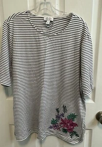 Denim Co XL schwarz weiß gestreiftes T-Shirt mit Blumenstickerei Kurzarm - Bild 1 von 12