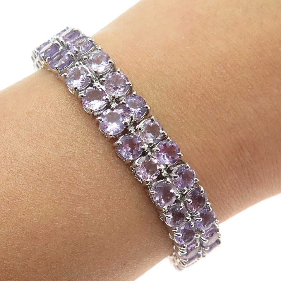 925纯银圆形切割紫水晶宝石2排网球链式手链7.5 — 第 1/4 张图片