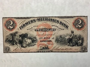 ~ $2 Two Dollars The Farmers and Mechanics Bank Savannah, Georgia - June 1, 1860 - Picture 1 of 2
