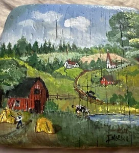 Seltenes Volkskunst Gemälde Holz Vintage Bauernhof Kuh Auto Antik Americana - Bild 1 von 16