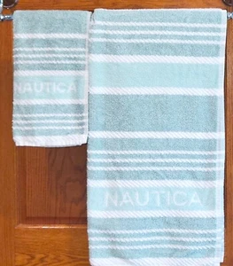 Nautica Bath Towel Set. Teal and White Stripe. Bath towel and Hand towel. New. - Picture 1 of 9