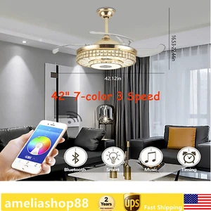 7-Color Ceiling Fan Light 42" Retractable W/Remote Bluetooth Music Speaker - Picture 1 of 12