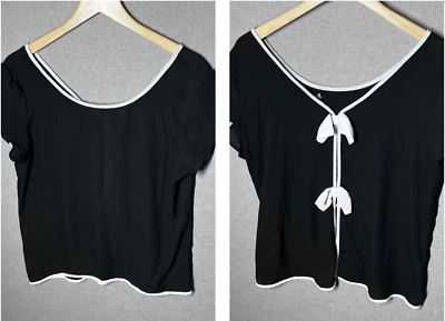 Heart Soul Semi Sheer Blouse LARGE Black Cottagecore Back Bows White Trim Light - Image 1 of 4