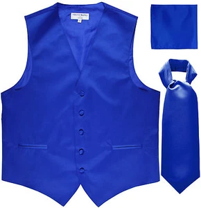 New Men's royal blue formal vest Tuxedo Waistcoat ascot & hankie set prom - Picture 1 of 4