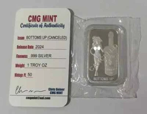 CMG Mint CANCELED Bottoms Up 1 Oz .999 FINE SILVER ART BAR With COA NEW! - Picture 1 of 2