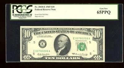DBR 1969 $10 FRN Richmond Gem Fr. 2018-E PCGS 65 PPQ Serial E00780208A - Image 1 of 2