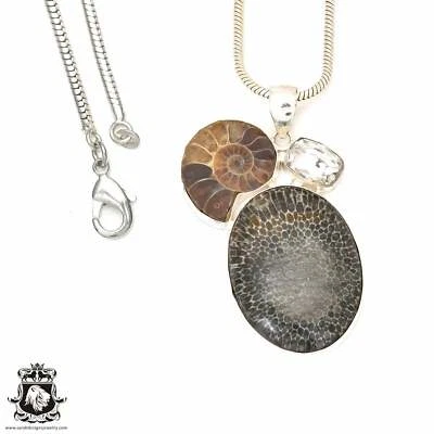 Colgante de amonita fósil de coral raya 4 mm cadena serpiente P7247 Foto 1 de 4