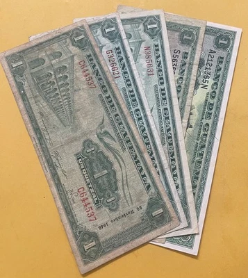 GUATEMALA FIVE 1 QUETZAL NOTES  1948, 51, 55, 56,61 THREE ARE SCARCE RED LETTERS - Image 1 of 4