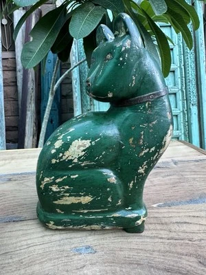 古代木制手工雕刻绿色绘画猫公仔 — 第 1/4 张图片