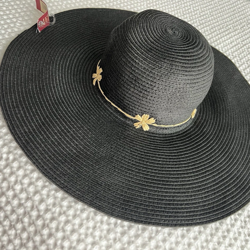 Charcoal Straw Floppy Hat One Size Dark Feminine Beach Resortwear Summer Vacay - Image 1 of 4
