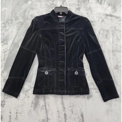复古泡泡糖天鹅绒结构夹克 S 码黑色弹力隐藏纽扣 — 第 1/4 张图片