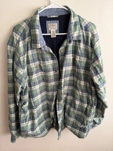 L.L.Bean Men’s Fleece Lined Flannel Shirt XL Blue Green Plaid Heavy Vintage - Picture 1 of 7
