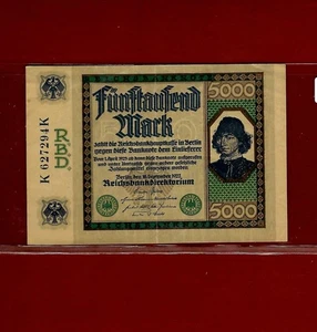 GERMANY WEIMAR REPUBLIC 5000 MARKS 16-9-22 PICK 77 VF NOTE - Picture 1 of 2