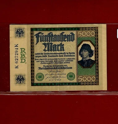 GERMANY WEIMAR REPUBLIC 5000 MARKS 16-9-22 PICK 77 VF NOTE - Image 1 of 2