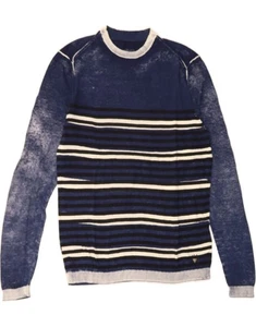 GUESS Mens Crew Neck Jumper Sweater Small Navy Blue Striped Cotton DF39 - Picture 1 of 3