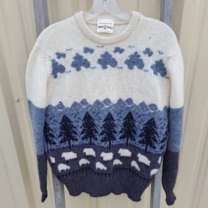 100% Pure Wool Small Knit Pics Scotland Blue Landscape Sheep Sweater FLAWED - Picture 1 of 10