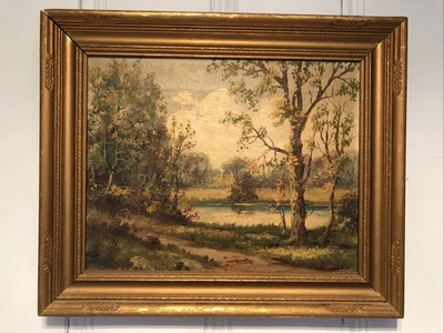 Антикварная картина маслом на холсте пейзаж с автографом винчестера C.1910 17,5 x 14,5 дюйма - Изображение 1 из 4