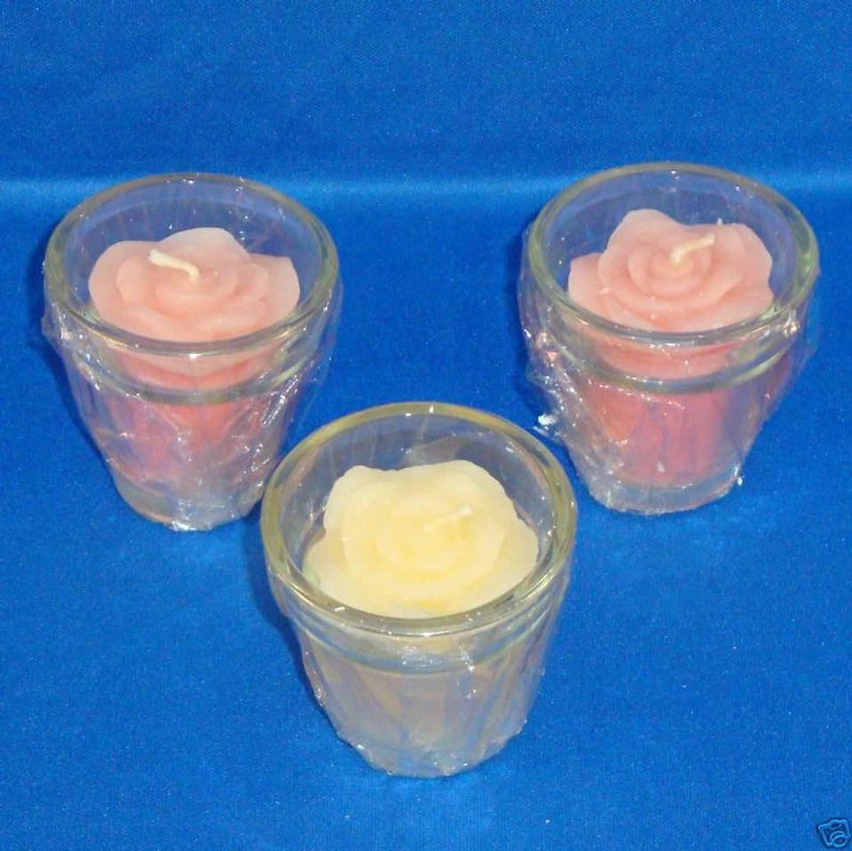3 Rose Votive Candles in Glass Flower Pots - Floral Scented - NEW - Image 1 of 1