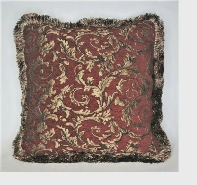 red and gold leaf floral chenille decorative throw pillow with fringe for couch - Image 1 of 2