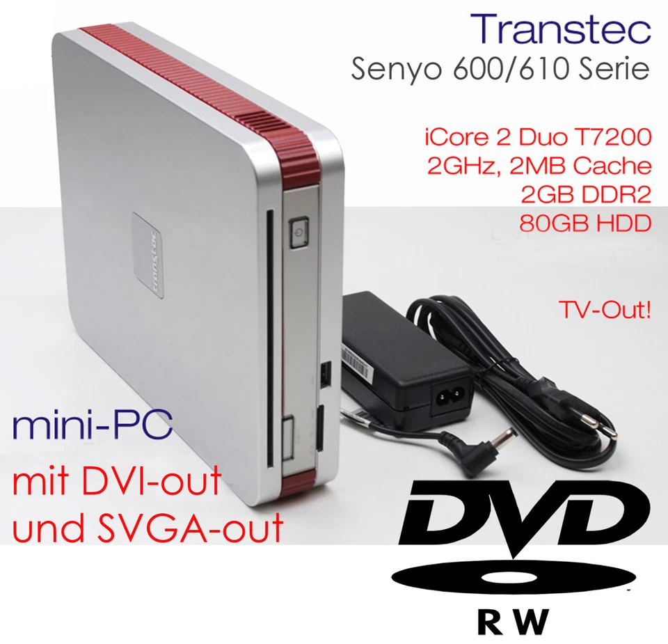 Mini Computer Transtec Senyo DVD-RW Intel C2D 2GHz 80GB 2GB DVI SVGA TV-Out WLAN - Image 1 of 1