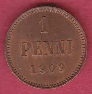 R* FINLAND RUSSIAN EMPIRE 1 PENNI COPPER 1909 UNC DETAILS #M719 - Picture 1 of 2