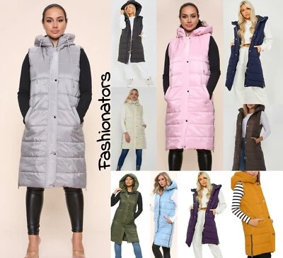 Women Hooded Quilted Long Puffer Zip Up Gilet Jacket Padded Winter Body Warmer - Image 1 of 2