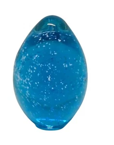 Art Glass Hand Blown Paperweight Bright Aqua Blue Egg Teardrop Floating White - Picture 1 of 16