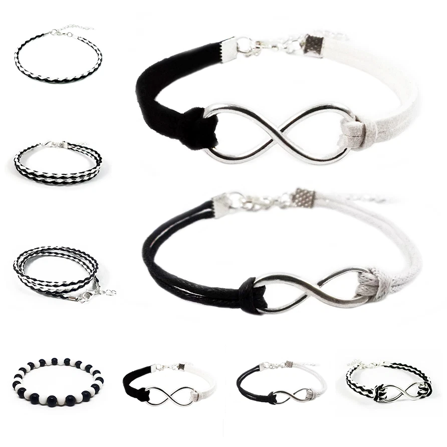 Bracciale Bianco e Nero Corda Cuoio pelle Perle Infinito braccialetto Uomo Donna - Immagine 1 di 2